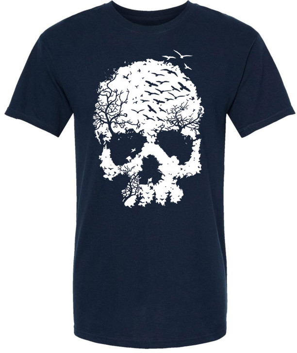 Skull with Birds and Trees Printed T-Shirt Gothic Punk Dark Aesthetic 100% Cotton Crewneck Tee
