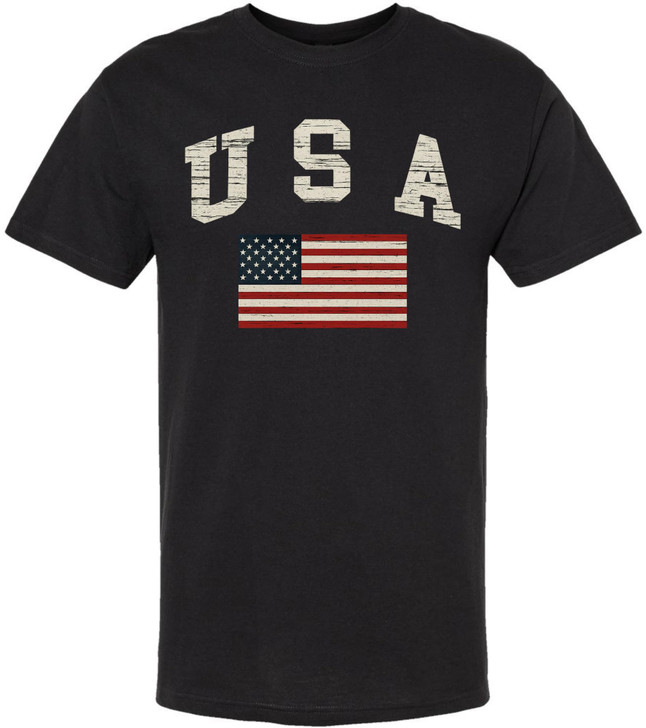 USA Text with US Red White Blue Flag T-Shirt | US Patriotic Distressed Print Tee | 100% Cotton Crewneck