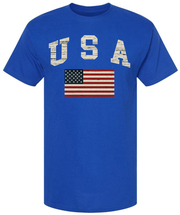 USA Text with US Red White Blue Flag T-Shirt | US Patriotic Distressed Print Tee | 100% Cotton Crewneck