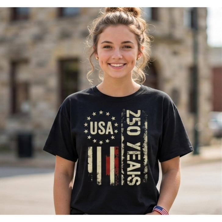 USA 250 Years Printed T-Shirt Patriotic American Flag Distressed Graphic 100% Cotton Crewneck Tee