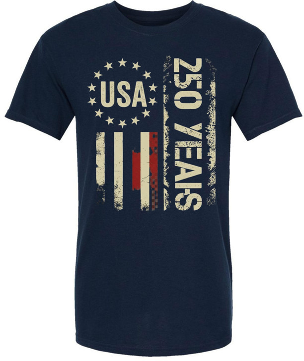 USA 250 Years Printed T-Shirt Patriotic American Flag Distressed Graphic 100% Cotton Crewneck Tee