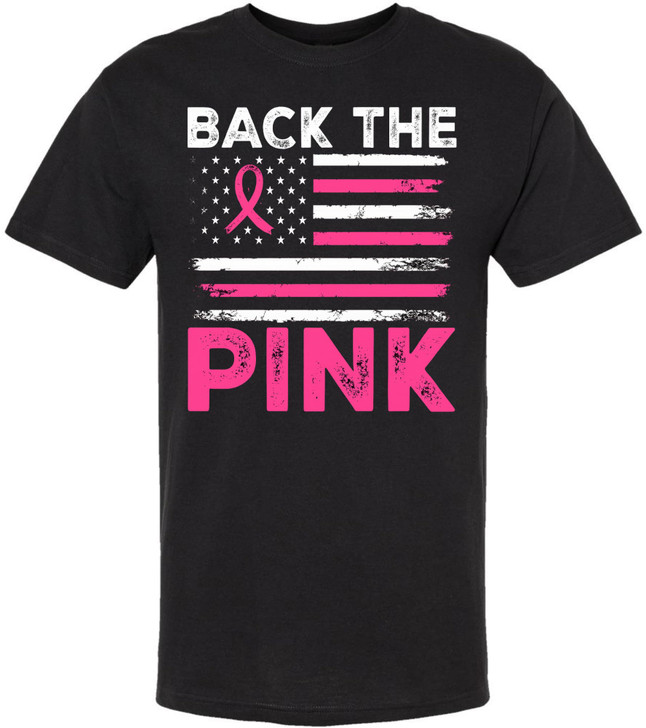 US Flag Back The Pink Breast Cancer Ribbon T-Shirt | USA Awareness & Support Unisex Tee Shirt, Black