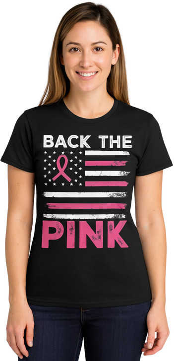 US Flag Back The Pink Breast Cancer Ribbon T-Shirt | USA Awareness & Support Unisex Tee Shirt, Black