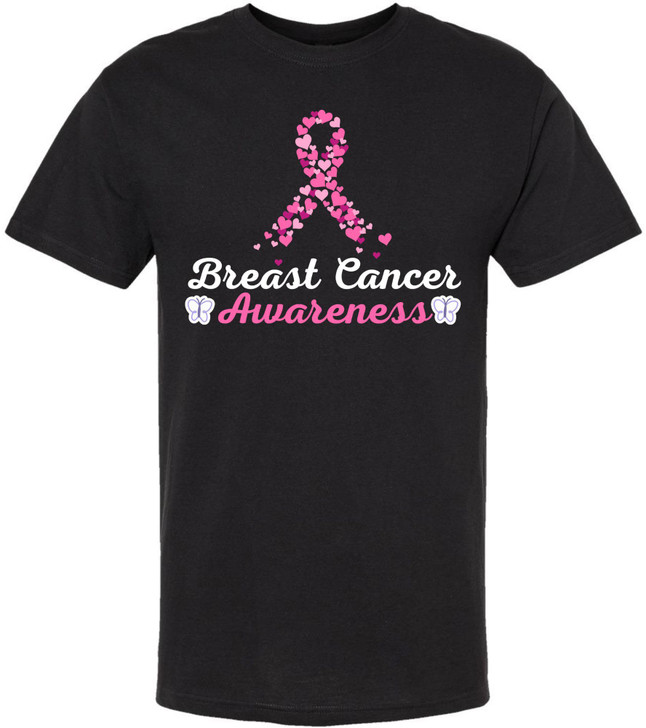 Breast Cancer Awareness Heart Love Ribbon T-Shirt | Crewneck Short Sleeve Unisex Tee, Black