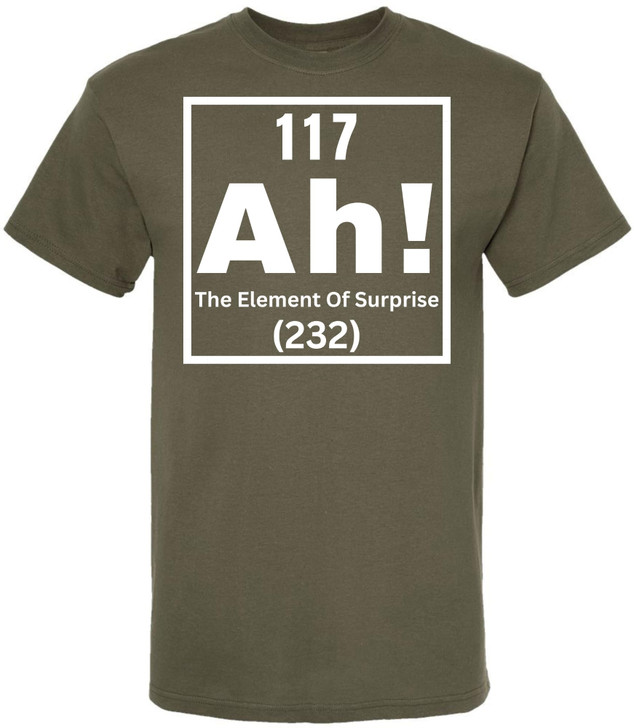 117 Ah! The Element of Surprise Printed T Shirt | Funny Science Chemistry Meme Tee for Men Women Nerd Gift Top