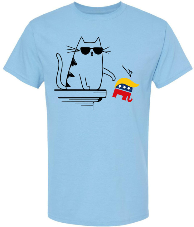 Cool Cat Knocking GOP Elephant Printed T-Shirt Funny Political Satire Cotton Crewneck Tee