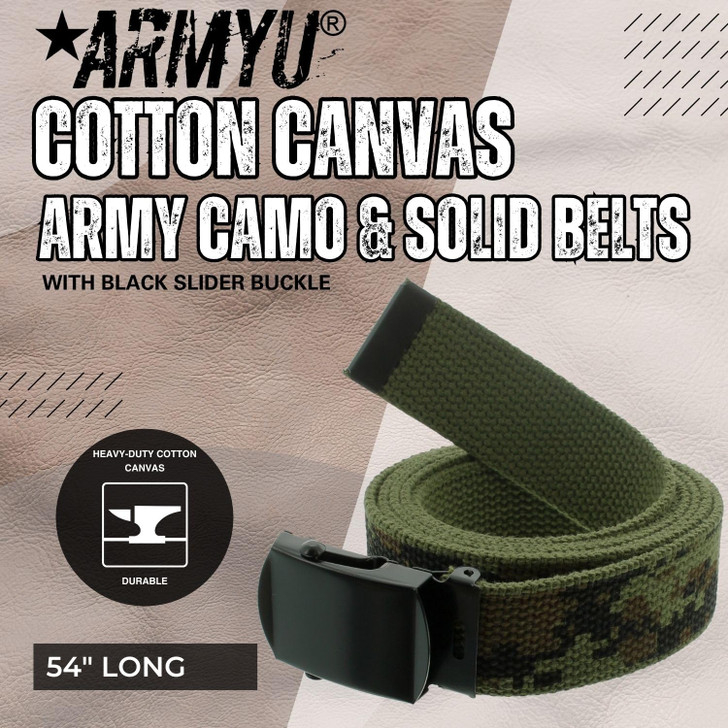 ARMYU Military Web Belt Reversible Cotton Canvas Army Camo & Solid Belts with Black Buckle 54"