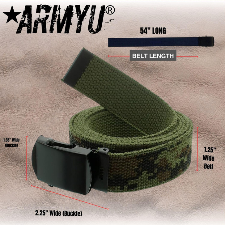 ARMYU Military Web Belt Reversible Cotton Canvas Army Camo & Solid Belts with Black Buckle 54"