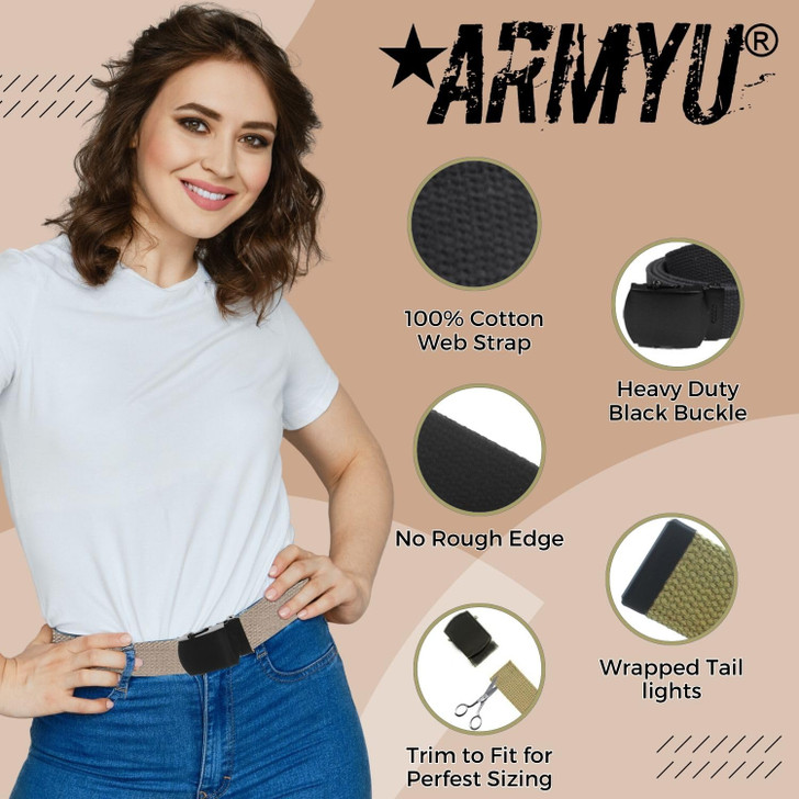 ARMYU Military Web Belt Reversible Cotton Canvas Army Camo & Solid Belts with Black Buckle 54"