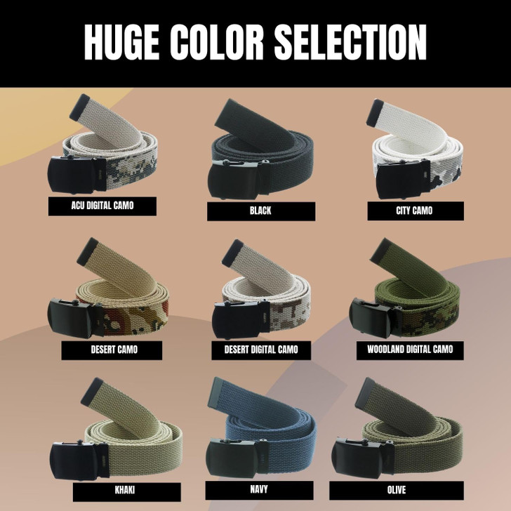 ARMYU Military Web Belt Reversible Cotton Canvas Army Camo & Solid Belts with Black Buckle 54"