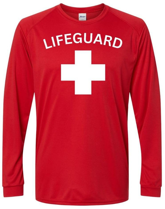 Red Lifeguard White Cross Long Sleeve T-Shirt 100% Polyester UPF Protection Unisex Crewneck Performance Shirt