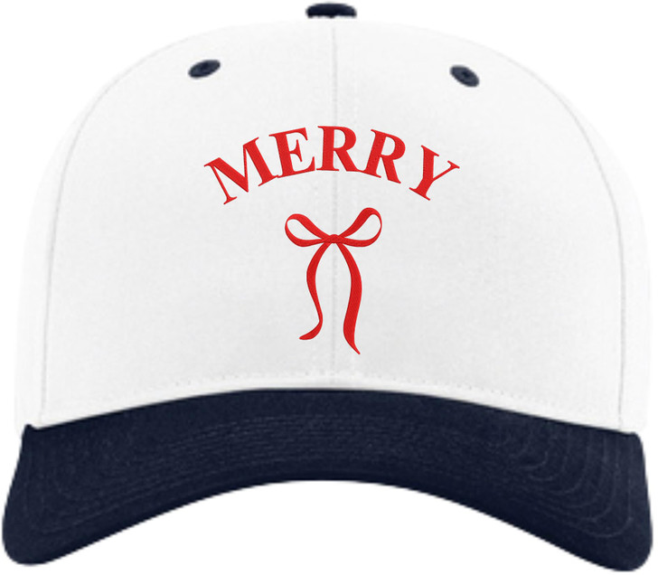 Merry Embroidered Two Tone Baseball Cap with Bow | Festive Christmas Holiday Adjustable Polycotton Unisex Hat