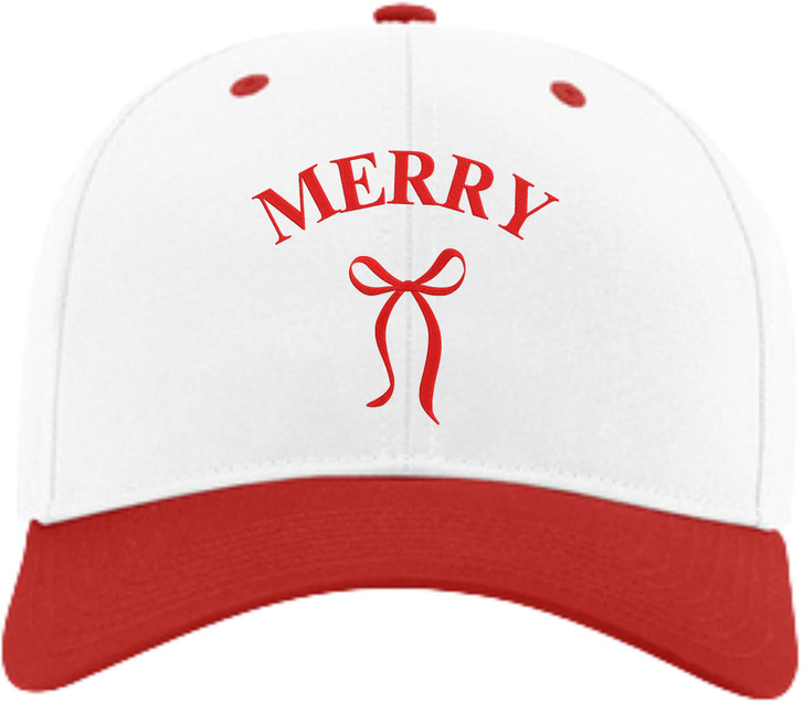 Merry Embroidered Two Tone Baseball Cap with Bow | Festive Christmas Holiday Adjustable Polycotton Unisex Hat
