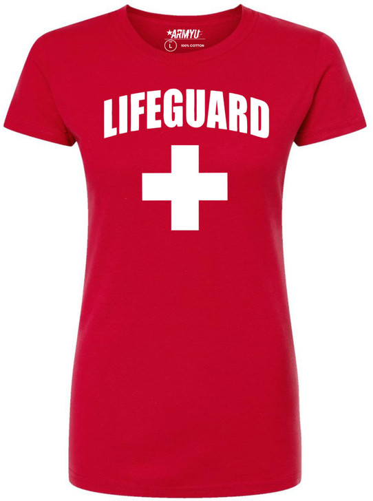 Women's Lifeguard + White Cross T-Shirt | Slim Fit 100% Cotton Life Guard Watch Duty Tee Shirt, Red