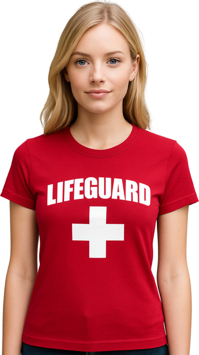 Women's Lifeguard + White Cross T-Shirt | Slim Fit 100% Cotton Life Guard Watch Duty Tee Shirt, Red