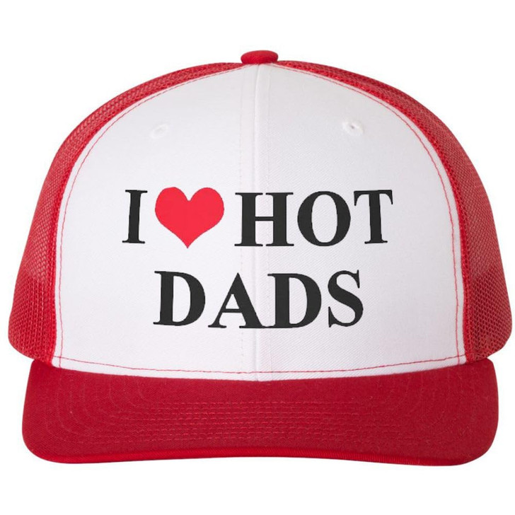 I Heart Hot Dads Embroidered Trucker Hat Funny Gag Love Fathers Day Gift Funny Mesh & Snap Back Cap