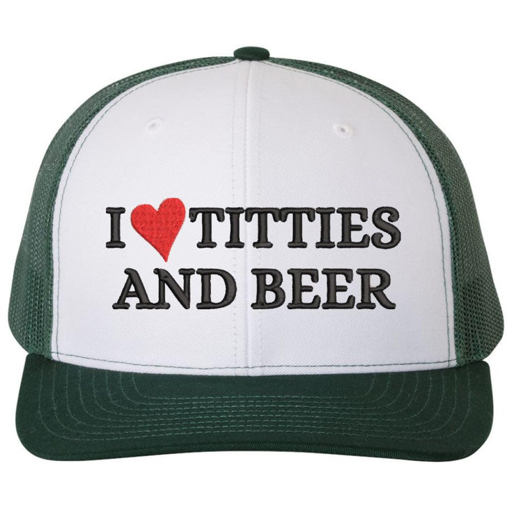 I Heart Titties & Beer Embroidered Trucker Cap Funny Love Boobs and Drinking Mesh & Snap Back Hat