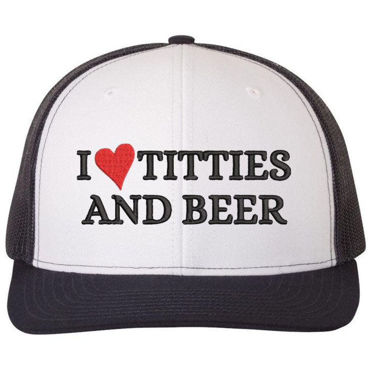 I Heart Titties & Beer Embroidered Trucker Cap Funny Love Boobs and Drinking Mesh & Snap Back Hat