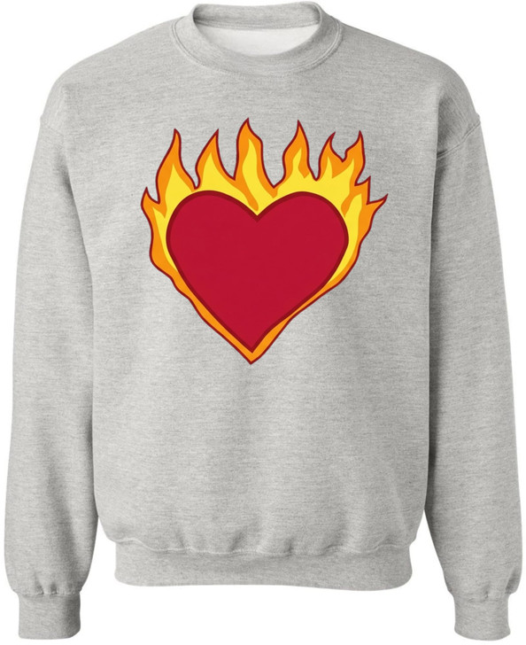 Flaming Heart Printed Sweatshirt Fire Heart Graphic Cotton Crewneck Pullover