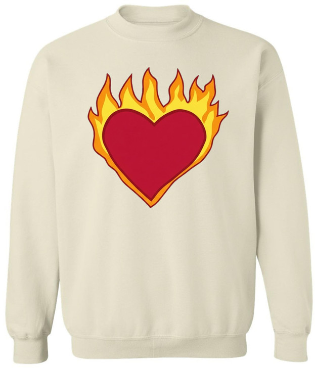 Flaming Heart Printed Sweatshirt Fire Heart Graphic Cotton Crewneck Pullover