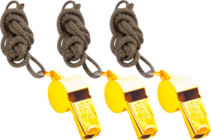 GI Style Echo Metal Police Whistle with Lanyard | Brass or Silver Army Whistles | 3-Pack (Gold Brass)