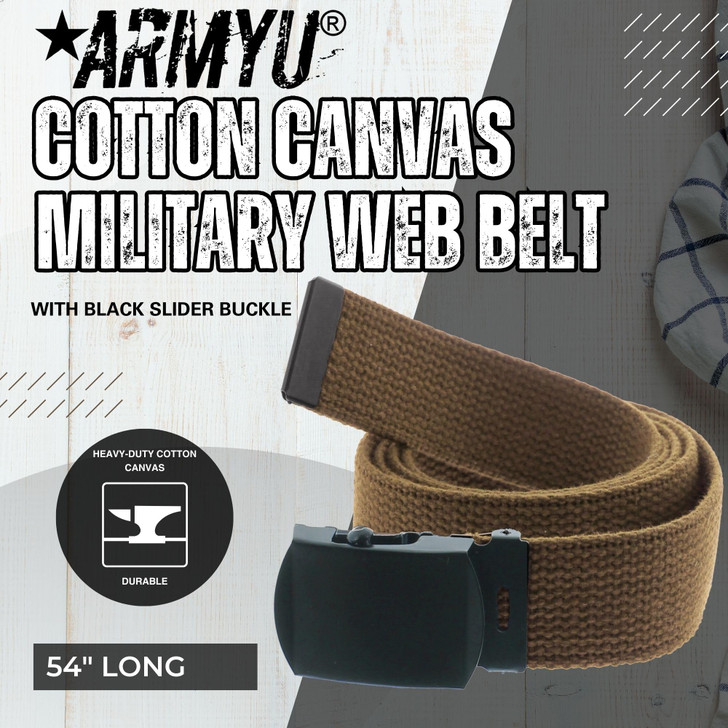 ARMYU Army Web Belt 100% Cotton Canvas Military Color Webbed Belts with Slider Buckle 54" Long