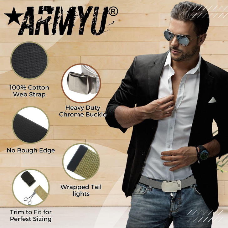 ARMYU Army Web Belt 100% Cotton Canvas Military Color Webbed Belts with Slider Buckle 54" Long