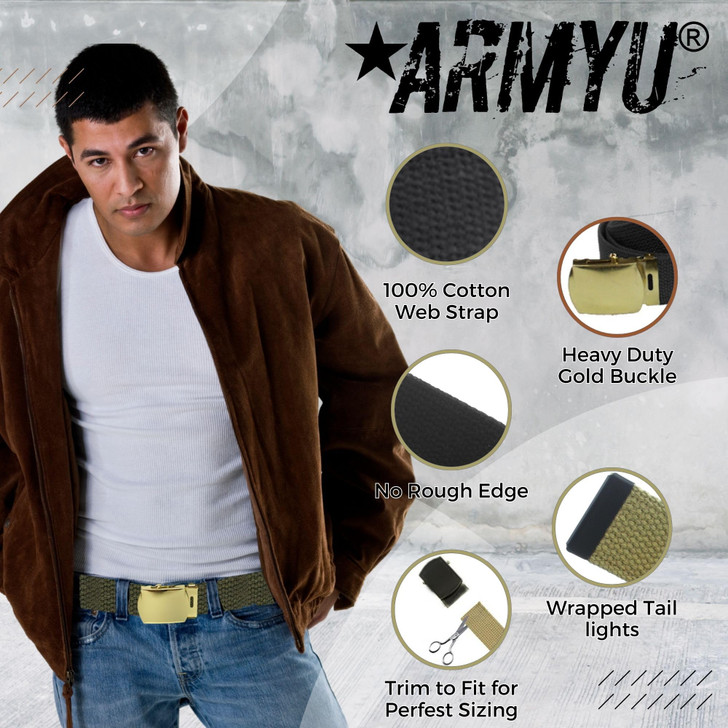 ARMYU Army Web Belt 100% Cotton Canvas Military Color Webbed Belts with Slider Buckle 54" Long