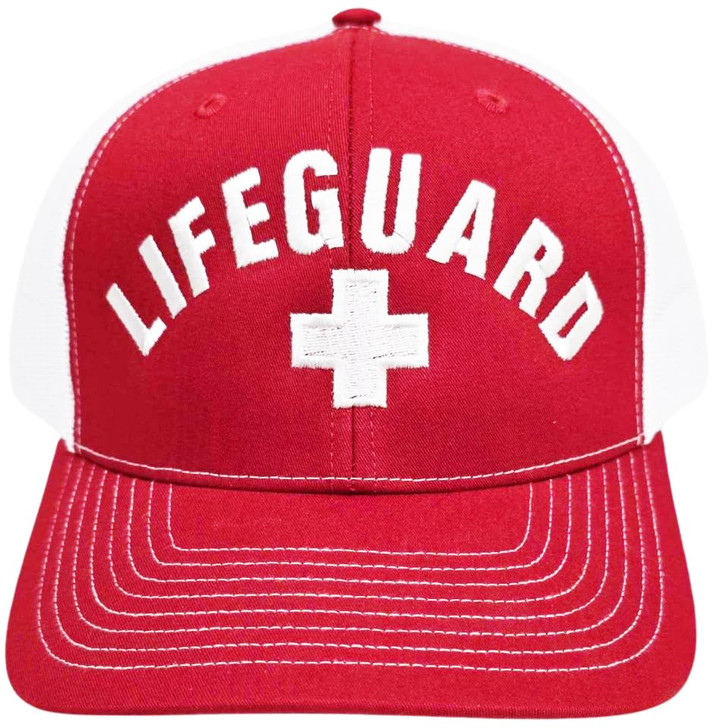 Red/White + Lifeguard Trucker Hat | Mesh Back Snapback Adjustable Structured Professional Safety Lifeguard Cap Men Women