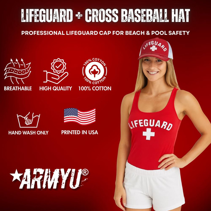 Red/White + Lifeguard Trucker Hat | Mesh Back Snapback Adjustable Structured Professional Safety Lifeguard Cap Men Women