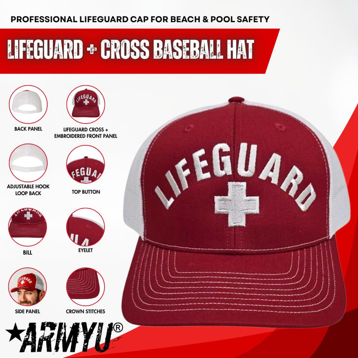 Red/White + Lifeguard Trucker Hat | Mesh Back Snapback Adjustable Structured Professional Safety Lifeguard Cap Men Women