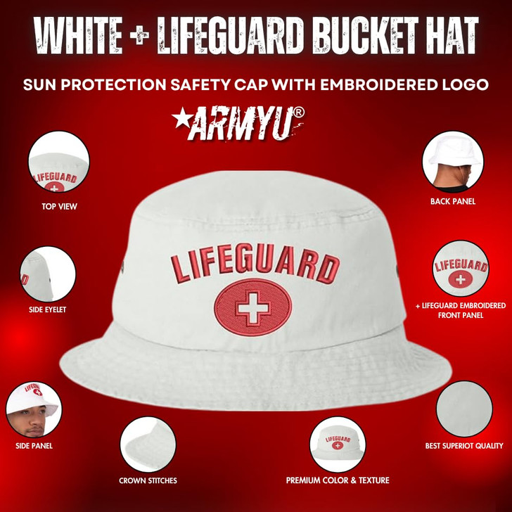 White + Lifeguard Bucket Hat | Unstructured Professional Safety lifeguard Round Brim Bucket Cap Men Women | Pool & Beach Watching