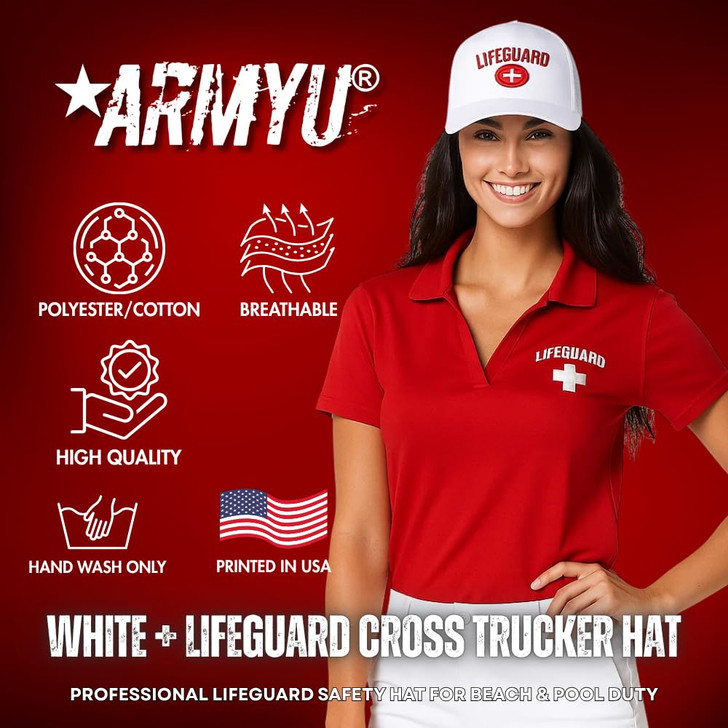 White + Lifeguard Cross Trucker Hat | Mesh Back Snapback Adjustable Professional Safety Lifeguard Beach Pool Cap for Men Women