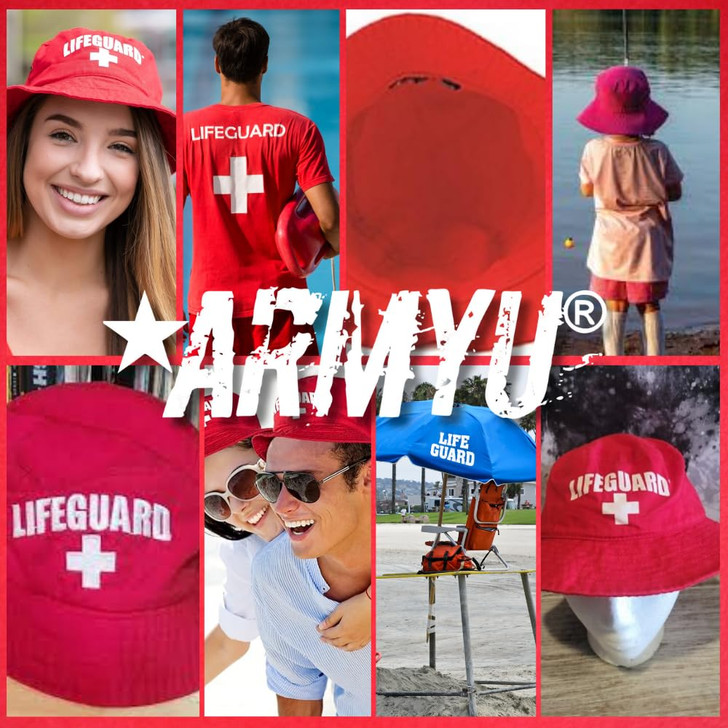 Red Lifeguard + Bucket Hat - Unisex Sun Protection Embroidered Logo Uniform Safety Cap for Men & Women