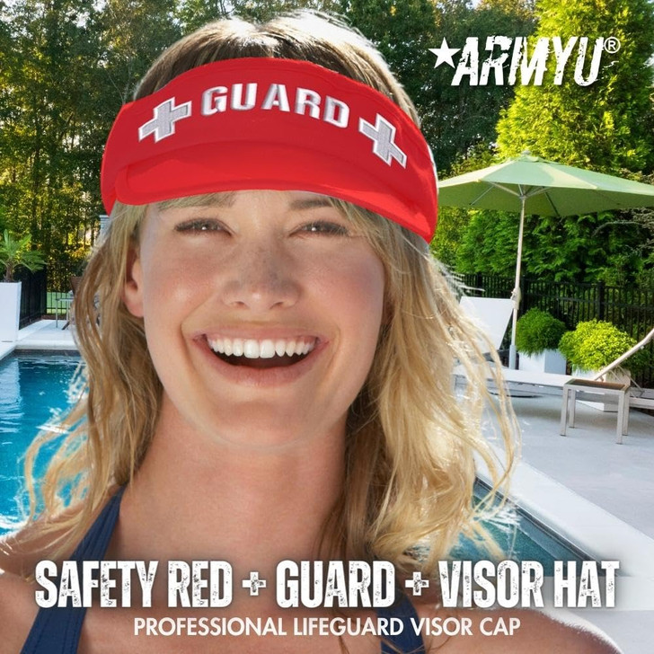 Safety Red Lifeguard Visor Hat with +GUARD+ Emblem | Pool & Beach Professional Lifeguard Cap for Men & Women