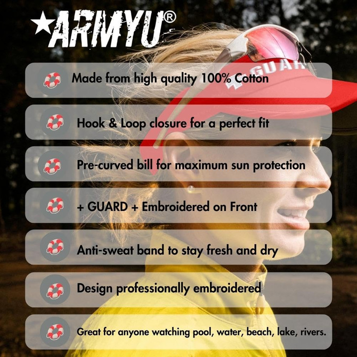 Safety Red Lifeguard Visor Hat with +GUARD+ Emblem | Pool & Beach Professional Lifeguard Cap for Men & Women