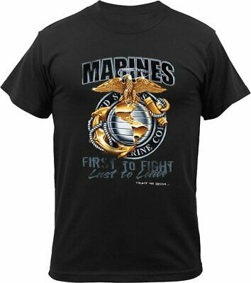 Black US Marines T-Shirt 'First to Fight, Last to Leave' USMC Logo