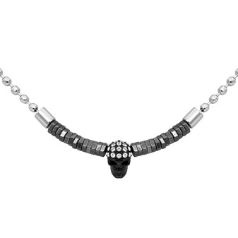 Steel Ball  Black skull with Black hematite beads Necklace