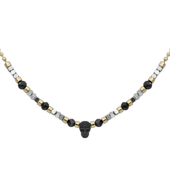 Black Spinel beads with Silver color hematite beads skull necklace - Gold plated