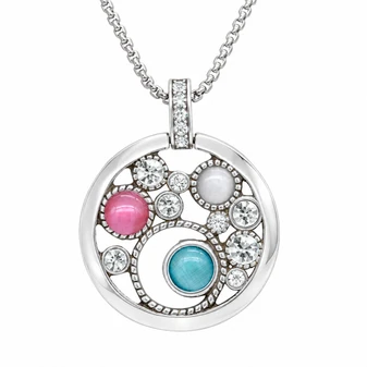 Silver-Plated Gear Pendant Necklace Cat’s Eye Stones & Clear Crystals