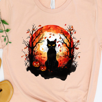Cat Shirt - Harvest Moon fall design with black cat, great Halloween gift