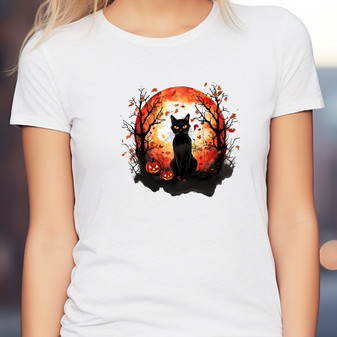 Women's Cat Shirt - Harvest Moon fall design with black cat, great Halloween gift