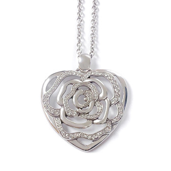 Elegant Heart & Rose Pendant Necklace with Clear Crystals