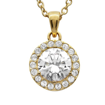 Gold-Plate Round Clear Crystal Halo Pendant Necklace