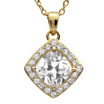 Gold-Plate Diamond-Shaped Crystal Halo Pendant Necklace