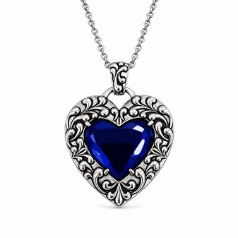 Blue Glass Heart Pendant Necklace 316L Stainless Steel Gothic Filigree 26" Chain