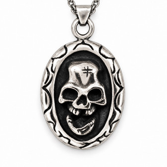 Raised Skull Pendant Necklace Stainless Steel Gothic Silver Tone 26" Chain
