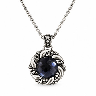Dark Blue Checkerboard Crystal Pendant Necklace 316L Stainless Steel 26"