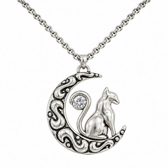 Cat on Crescent Moon Necklace 316L Stainless Steel Clear Crystal 27–29"
