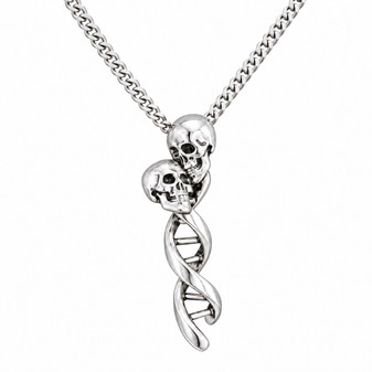Double Skull DNA Helix Pendant Necklace 316L Stainless Steel 16–18" Gothic